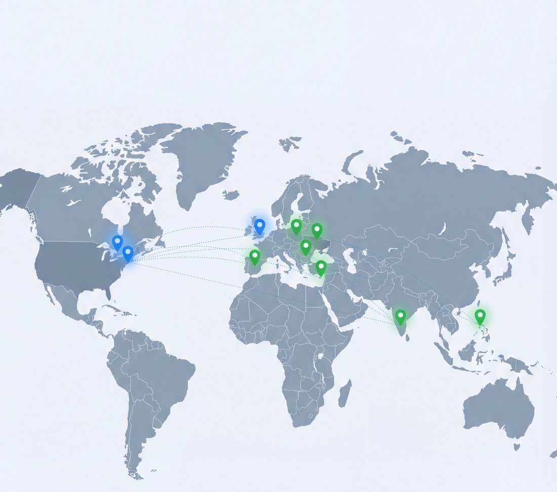Global presence map showing client regions and talent sources