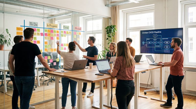 Agile SDLC team working on sprint planning